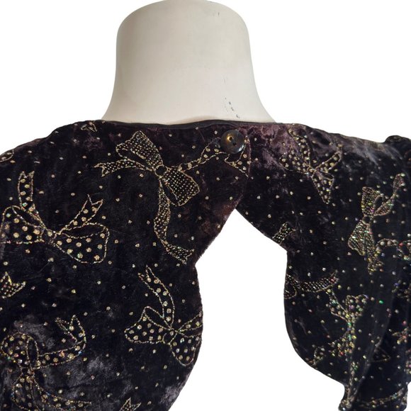 Vintage Scott McClintock Velvet Dress Puff Sleeve Gold Bow Print MOB WIFE Prom - Picture 6 of 13